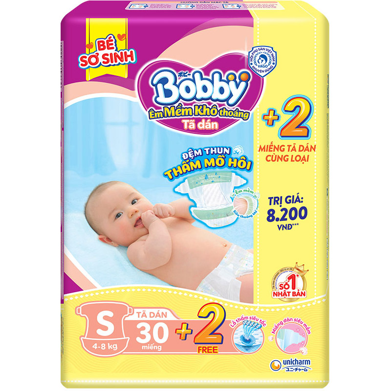 Tã Dán Bobby Điệm Thun Thấm Mồ Hôi S30 (30 Miếng) + 2 Miếng