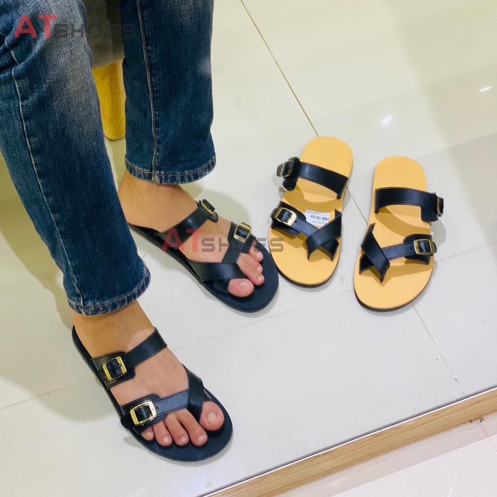 Sandal nam, dép quai ngang, dép nam da bò, không thấm nước, êm chân thoải mái Atshoes QN2M (Đen - Nâu