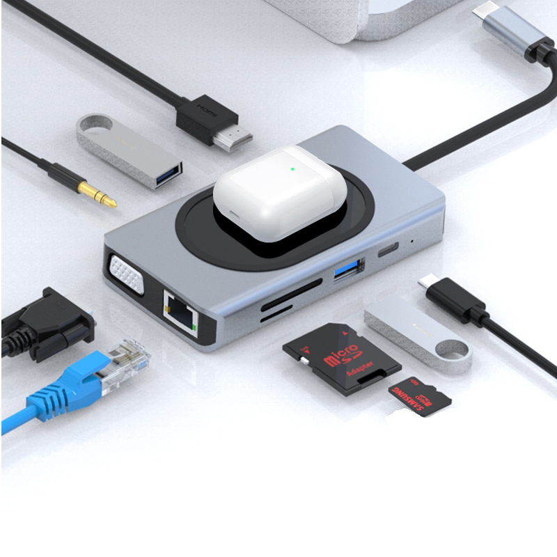 Cổng chuyển 9in1 USB-C/Type-C ra cổng VGA, HDMI, RJ45, Jack 3.5, USB kèm SD/TF hỗ trợ sạc không dây