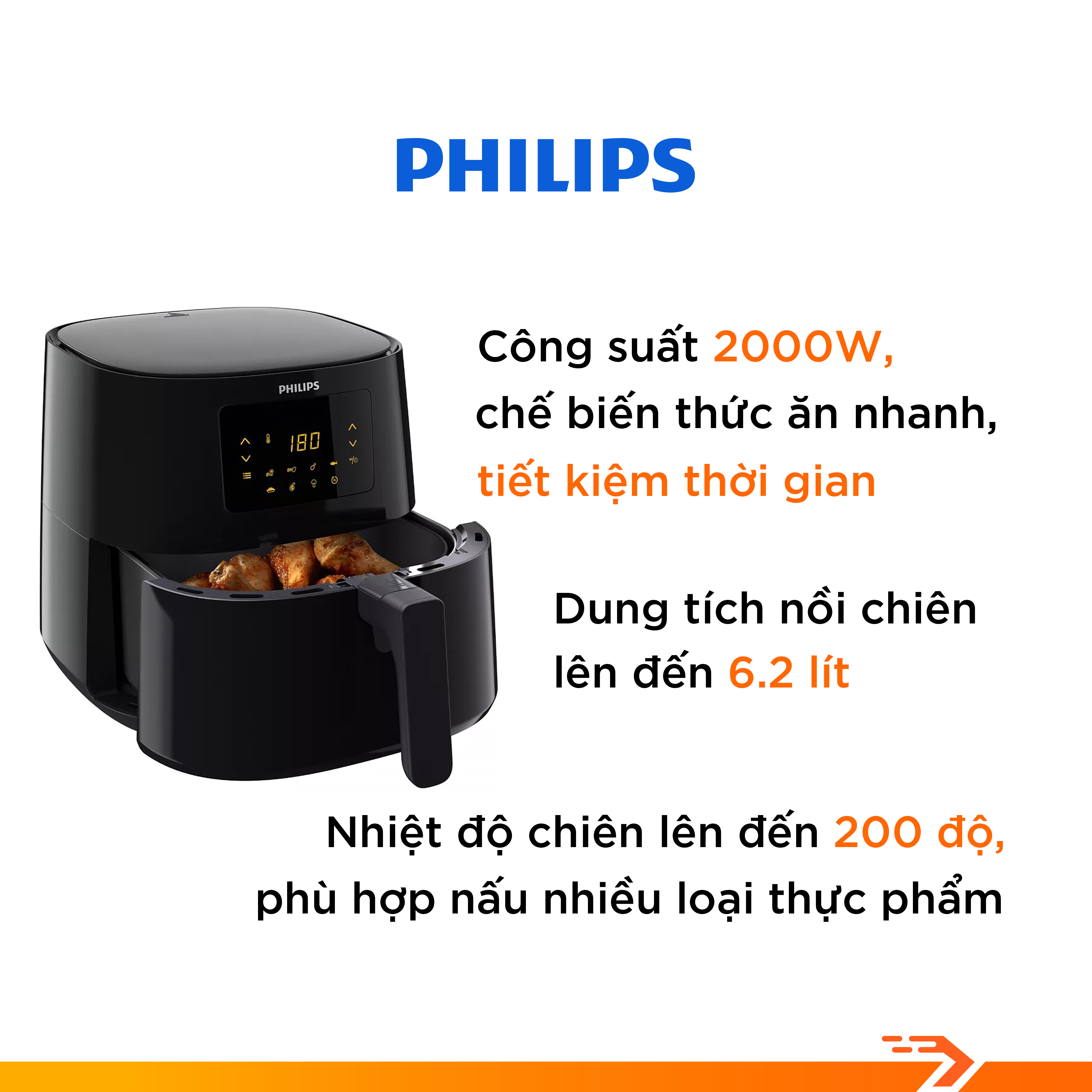 Nồi chiên không dầu Philips 6.2 lít HD9270/90 - Hàng Chính Hãng