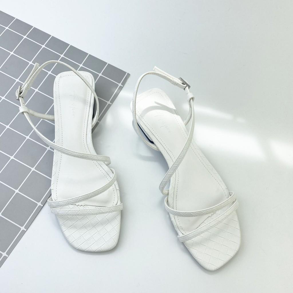 Sandal cao gót nữ 1,5 phân quai mảnh mũi vuông họa tiết caro 1 cm cao cấp HISHOO màu xanh mint S010