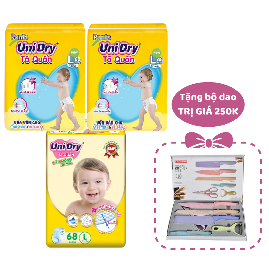 Combo 2 Tã Quần UniDry + 1 Tã Quần Siêu Mỏng UniDry Ultrathin Gói Cực Đại size L68 (68 Miếng/Gói) - Tặng 1 Bộ Dao 5 Món