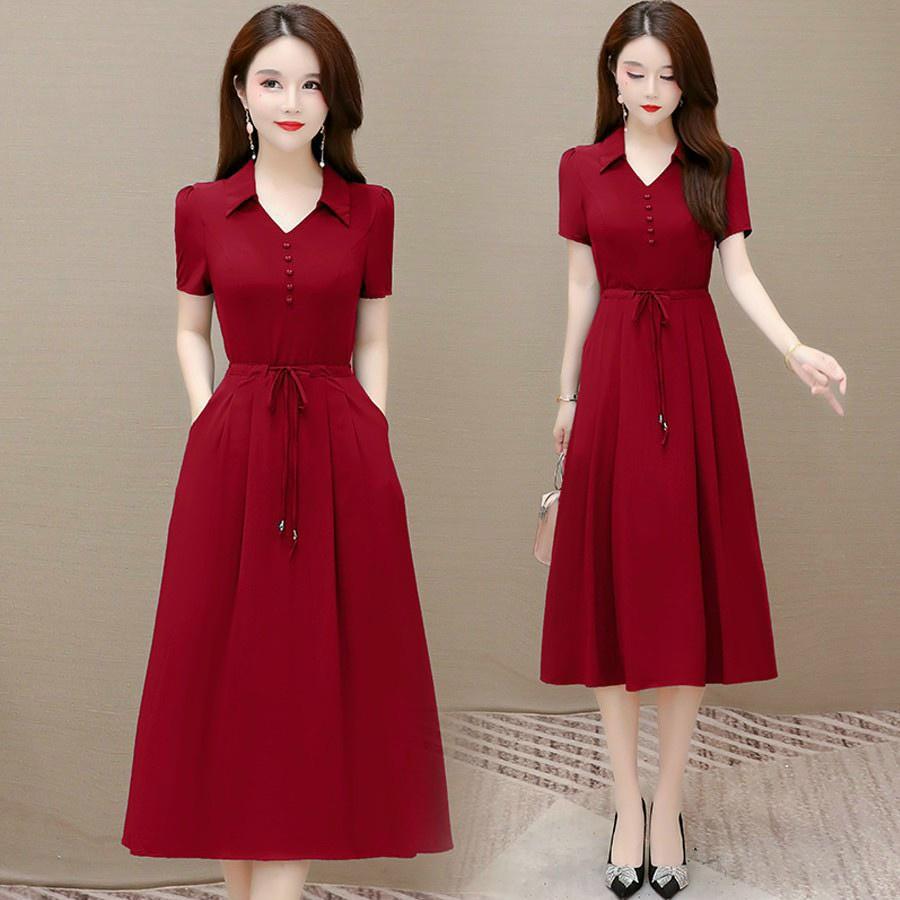 Đầm váy nữ trung niên sơ mi dự tiệc dạo phố đơn giản đỏ đen nhẹ nhàng