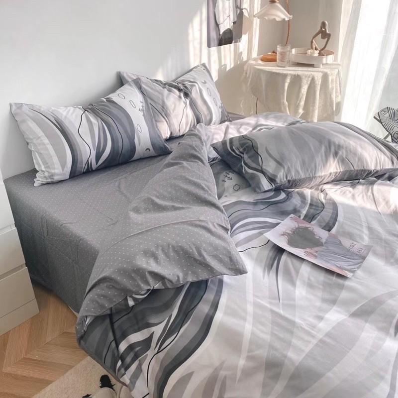 Set Cotton Living Hàng Nhập Khẩu Cao Cấp 4 Món Kẻ Xanh Xám Sóng Nước