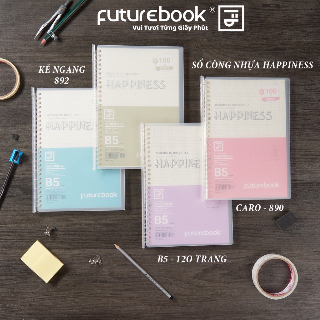 FUTUREBOOK-Sổ Còng Nhựa Happiness B5 26Chấu-120 Trang-Định Lượng 100Gsm.Dòng Kẻ Ngang . MÃ SP B892 (Giao Màu Ngẫu Ngang)