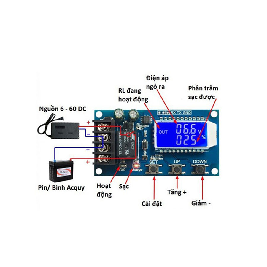 Module Sạc Acquy Tự Ngắt Bảo Vệ Quá Tải Hẹn Giờ Sạc XY-L10A 6VDC-60VDC 10A