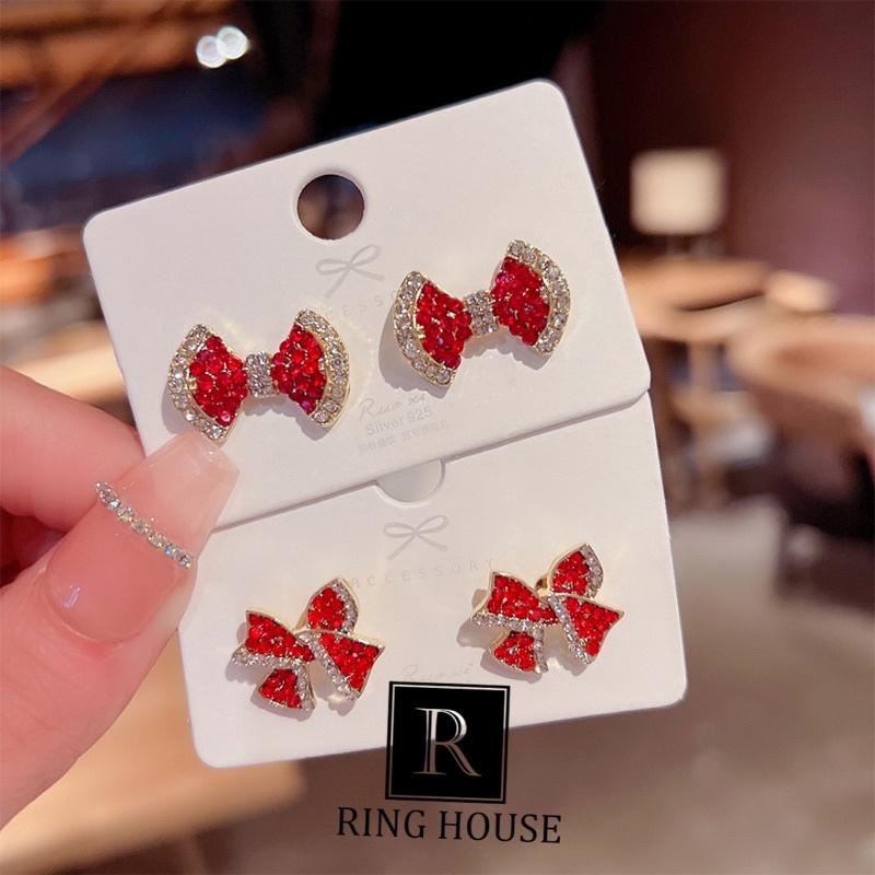 Bông Tai Khuyên Tai Nữ Nơ Đỏ Đính Ngọc Xinh