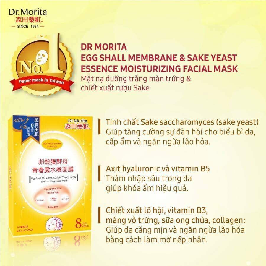 Mặt nạ sake và vỏ trứng màu vàng chống lão hóa làn da - Dr.Morita Egg Shell Membrane and Yeast Essence Moisturizing Facial Mask