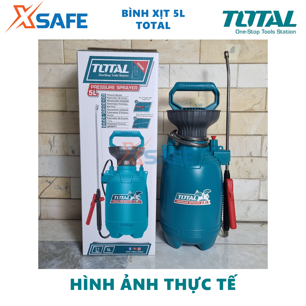 Bình xịt 5L TOTAL THSPP30502 van xả áp an toàn, quai đeo tiện dụng, cần bơm nhôm chắc chắn, áp suất 2.5Bar