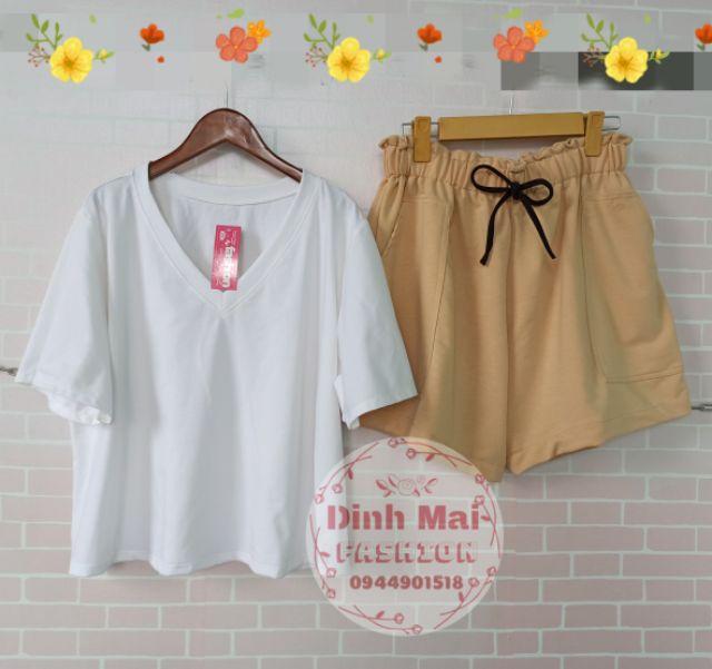 Set áo cổ tim croptop mix quần đùi ống rộng nhún eo lưng cao BIGSIZE