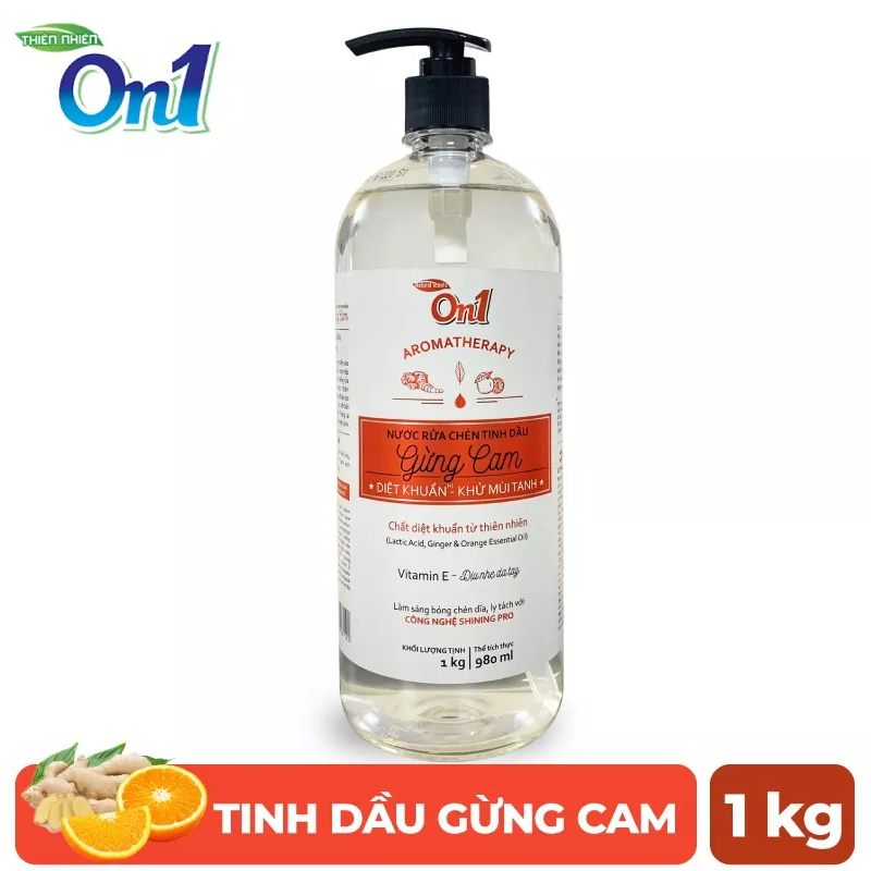 Nước Rửa Chén On1 Tinh Dầu Gừng Cam 1Kg, Diệt Khuẩn, Khử Mùi Tanh