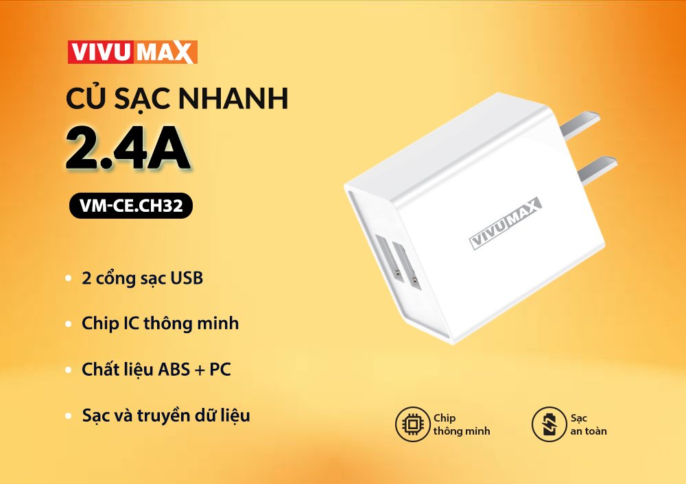 Củ sạc nhanh 2 cổng USB Vivumax CH32WH 5V/2.4A - Hàng chính hãng, Bảo hành chính hãng