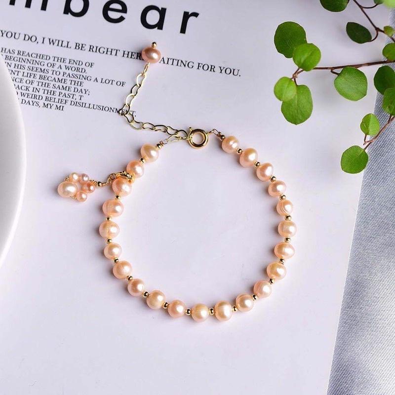 Vòng Tay Ngọc Trai Hạt 7ly Màu Cam Mix Bi Titan, Vòng Tay Ngọc Trai Nước Ngọt Tự Nhiên Sang Trọng - Ngọc Trai Trường Thịnh