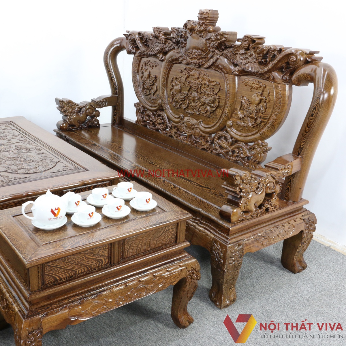Bộ Bàn Ghế Salon Gỗ Mun Tay 10 Chạm Nghê 6 Món Cao Cấp Sang Trọng