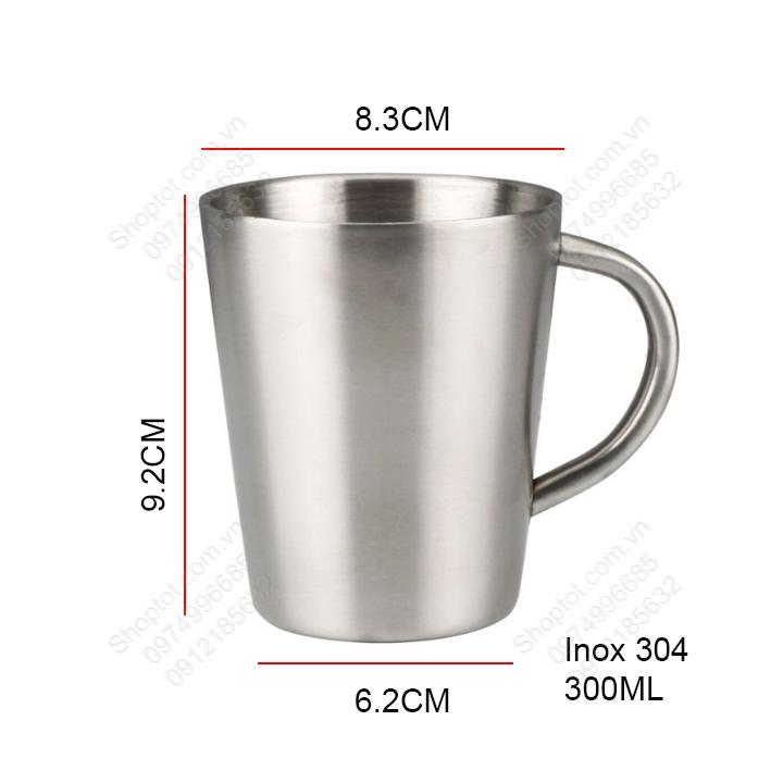 Cốc ly bằng inox 304 loại 2 lớp 300ml có tay cầm, chuyên dùng uống cà phê, trà, sữa, nước nóng hay lạnh đa năng