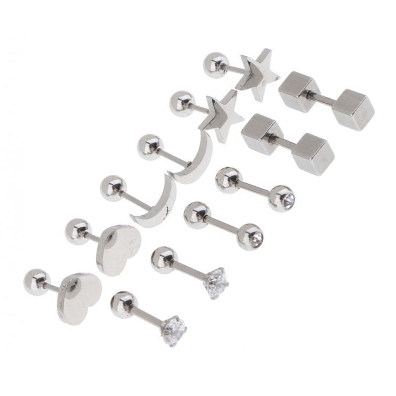 2X 6 Pairs Stainless Steel Ball Screw Back Earrings Star Heart Moon Stud Silver