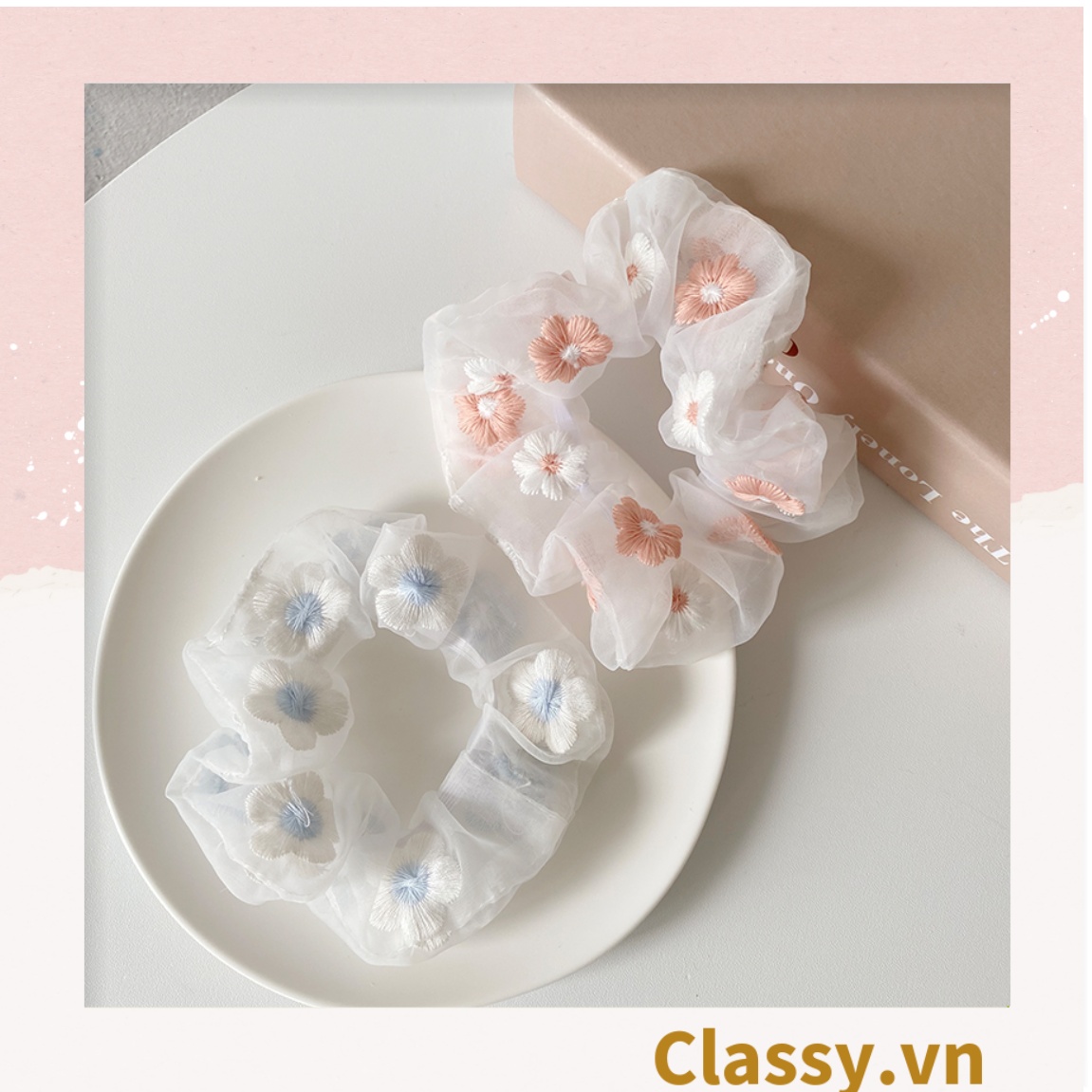 Dây cột tóc Scrunchies vải trong suốt thêu hoa