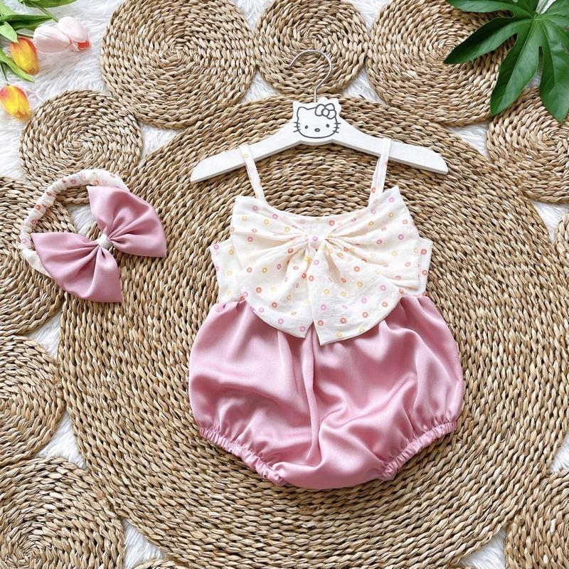 Body Nơ To 2 Dây Bé Gái 3-12kg, Bodysuit Chất Lụa Cùng Đũi Nhật