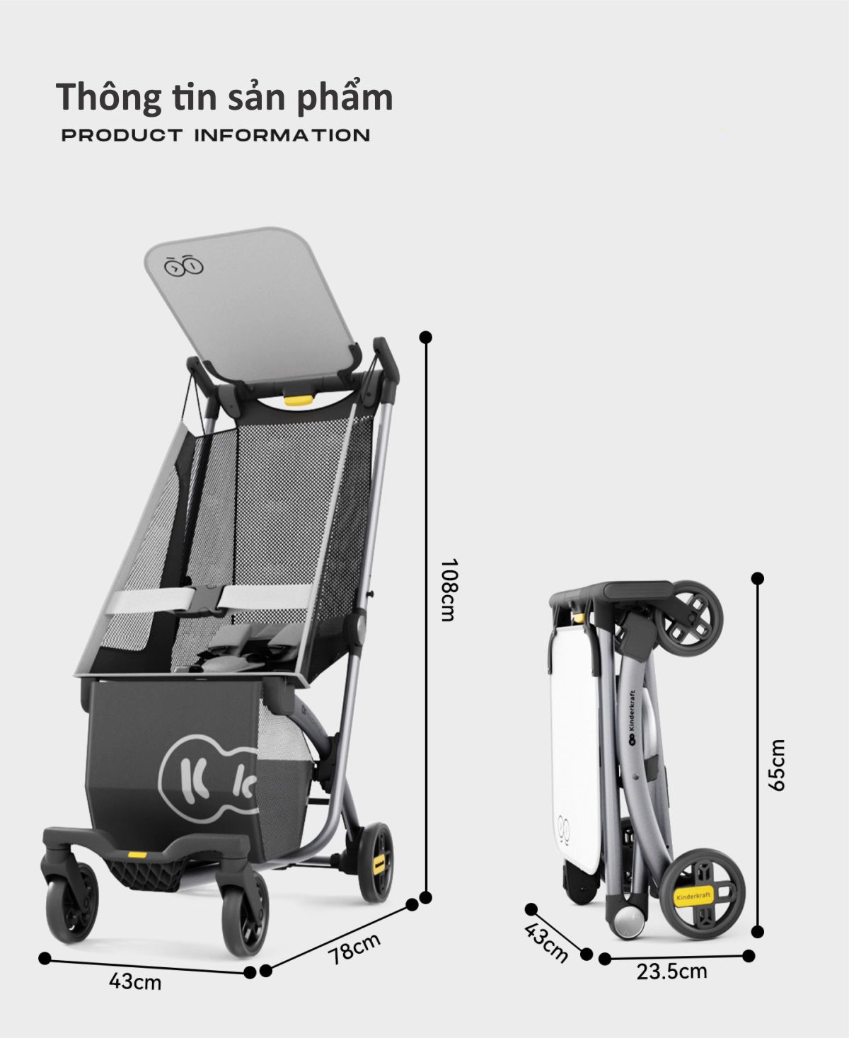 Xe đẩy gấp gọn tự động cho bé từ 6-36 tháng tuổi Kinderkraft KP6 - Màu xám