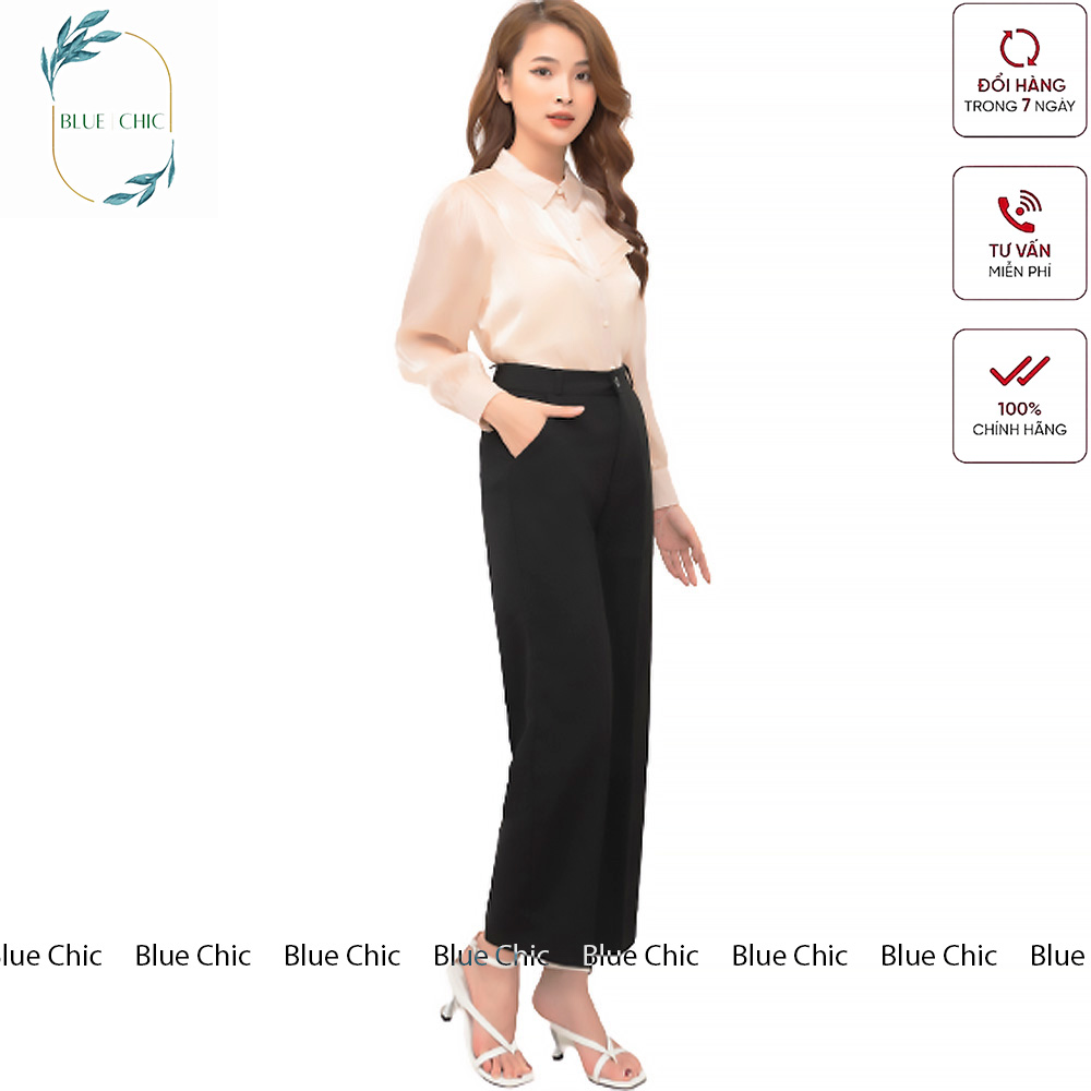 Quần ống rộng Blue Chic lưng cạp cao baggy vải nữ dài suông loe culottes xuông màu đen