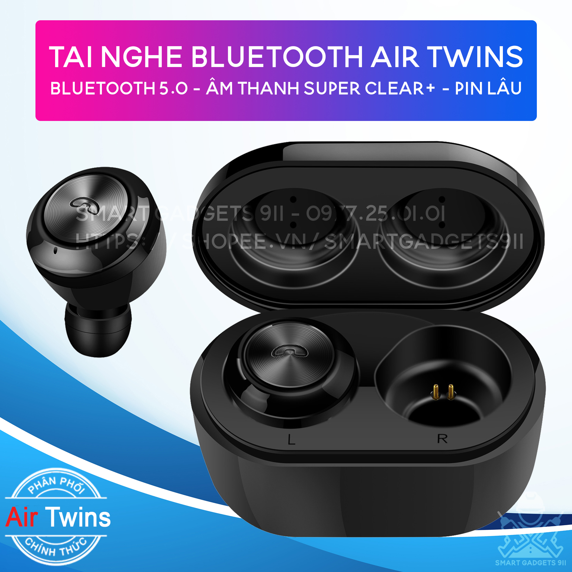 Tai Nghe Bluetooth 5.0 EDR Air Twins Kèm Mic , Âm Thanh Super Clear - Chống Ồn + Dock Sạc Từ Tính, Chống Nước IPX5 - Tương Thích Cao Cho Tất Cả Điện Thoại