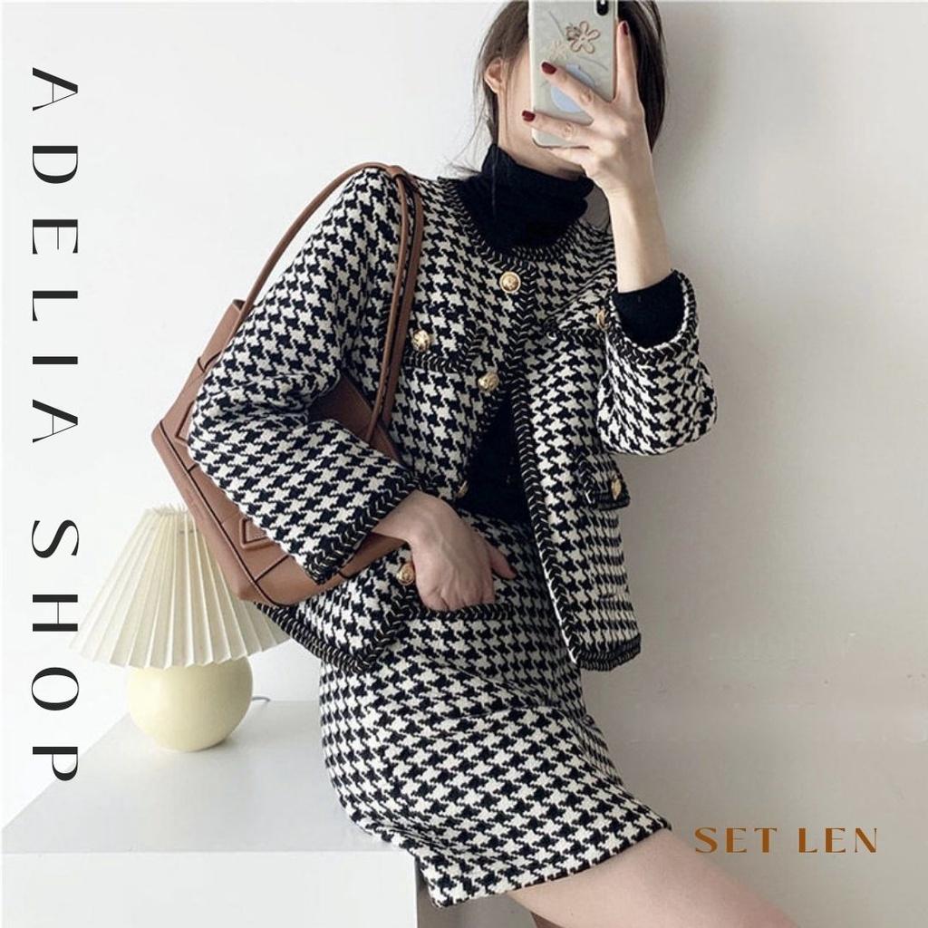 LEN DẠ TWEED | Set Len Giả Dạ Tweed Nữ Tiểu Thư Họa Tiết Trám Ô Dày Dặn Gồm Áo Khoác Và Chân Váy Ulzzang