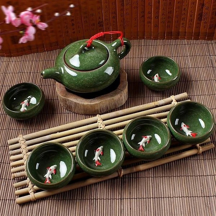 Bộ Ấm chén Ngọc 3D Hình Cá Gồm 1 Ấm và 6 Tách Uống Trà -  Hàng chính hãng