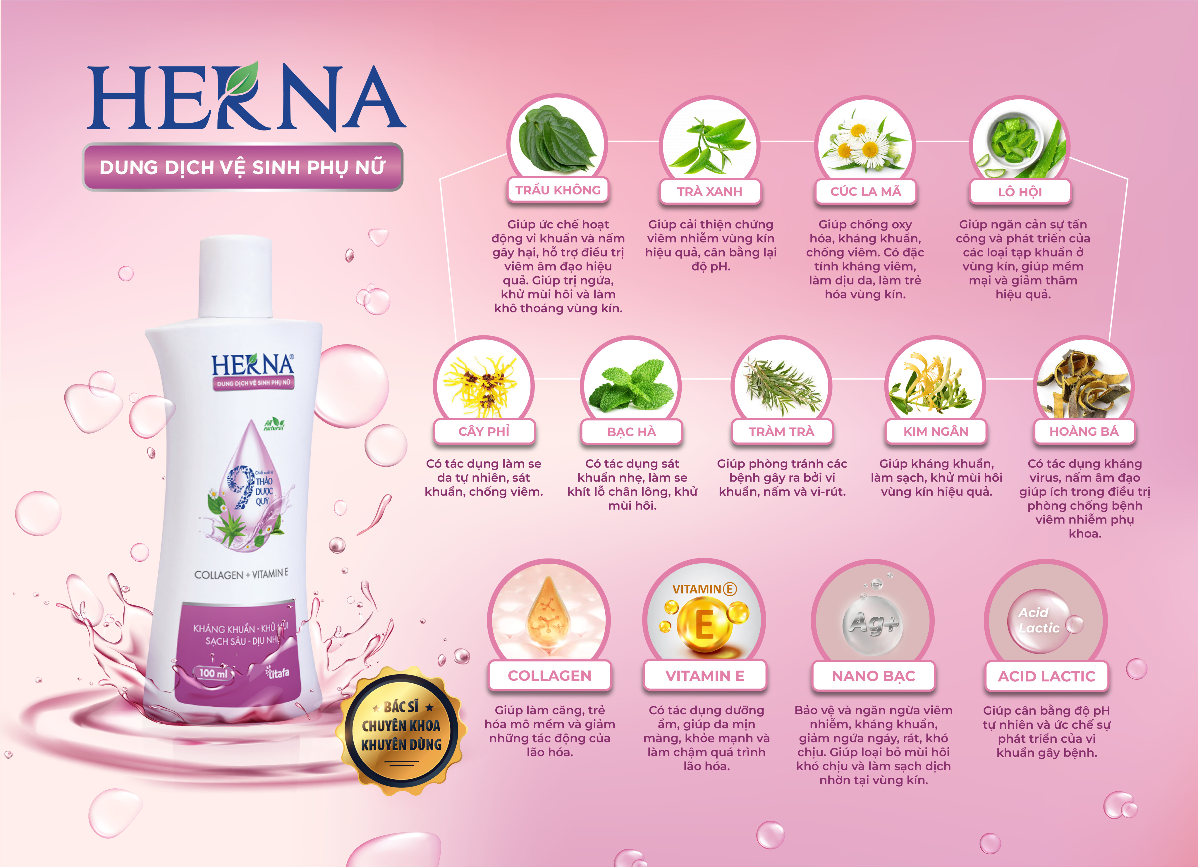 Dung dịch vệ sinh phụ nữ Herna - Kháng khuẩn - Khử Mùi - Sạch Sâu - Dịu Nhẹ