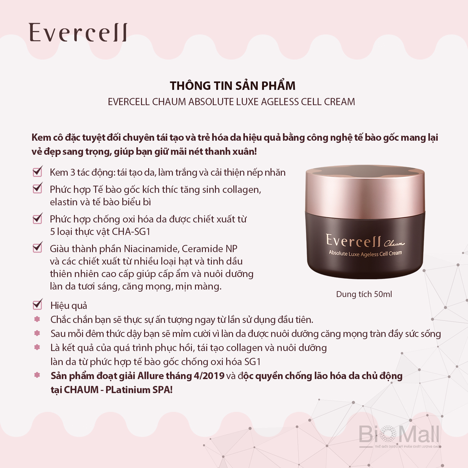 Kem nuôi dưỡng tái tạo Tế bào gốc EVERCELL Chaum Absolute Luxe Ageless Cell Cream 50ml 