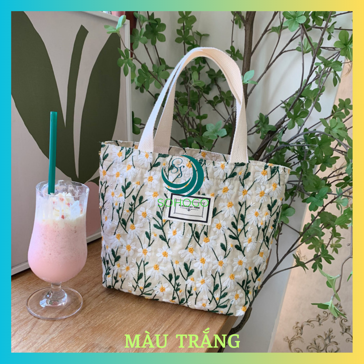 [CHỌN MÀU]-Túi xách thời trang nữa họa tiết thêu hoa cúc nhỏ 30x21x10cm-Túi Tote handmade