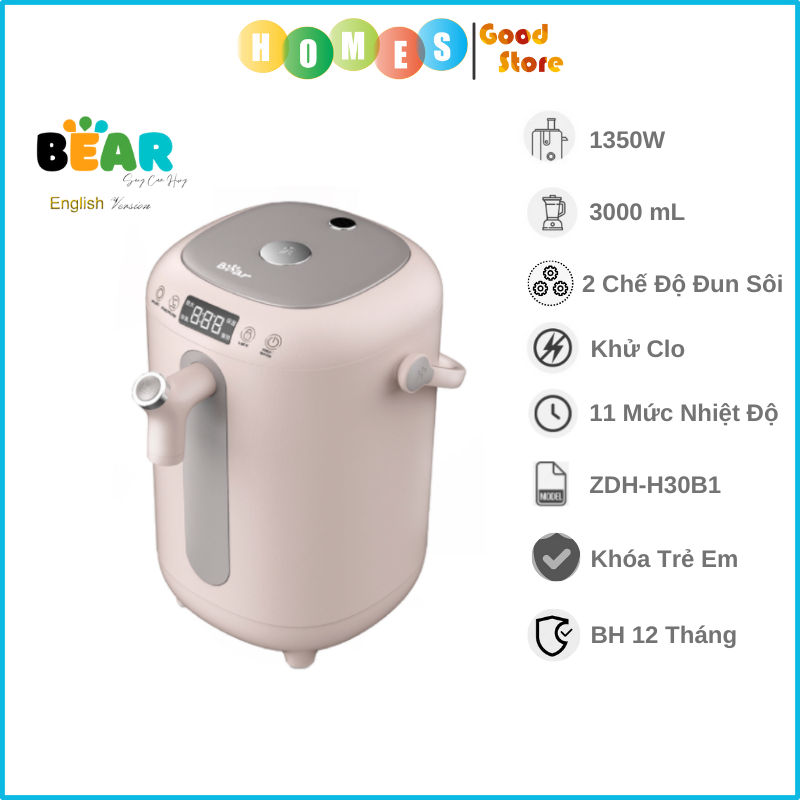 Bình Thủy Điện, Bình Thủy Giữ Ấm Đun Nóng Thông Minh BEAR KE-B30V1 Khử Clo Dung Tích 3L, Công Suất 1350W - Hàng Chính Hãng