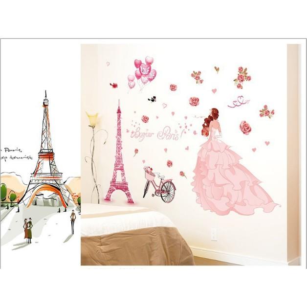 Decal trang trí tường - Sự Lãng Mạn của Tháp hồng và Phía sau Cô Gái