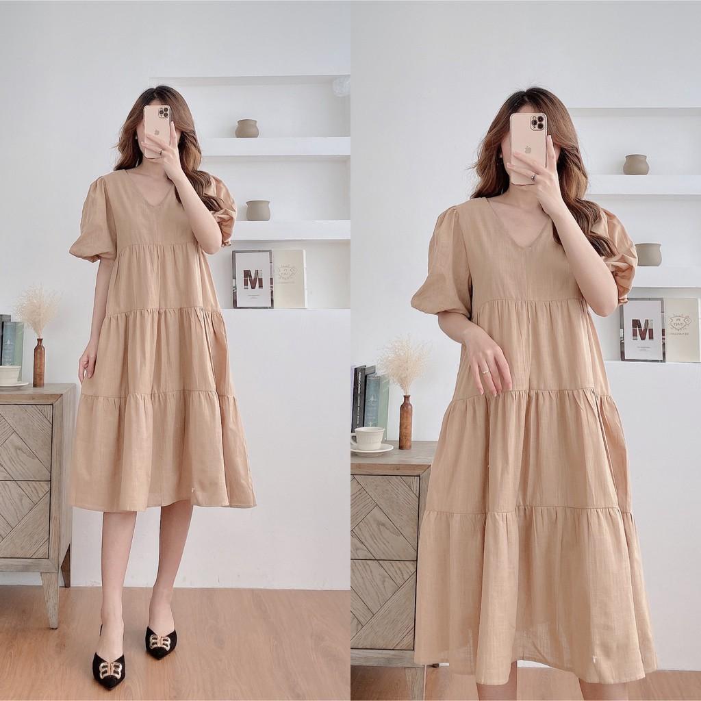 Váy suông dáng babydoll cổ V, 3 tầng, đầm xuông rộng freesize, chất đũi xước, tay bo phồng mã V181 - Michi's House