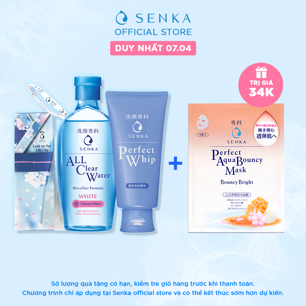 Bộ đôi Senka sạch sâu trắng mịn (Nước tẩy trang Senka Water White 230 ml + Sữa rửa mặt Senka Perfect Whip 120g + Lưới tạo bọt)