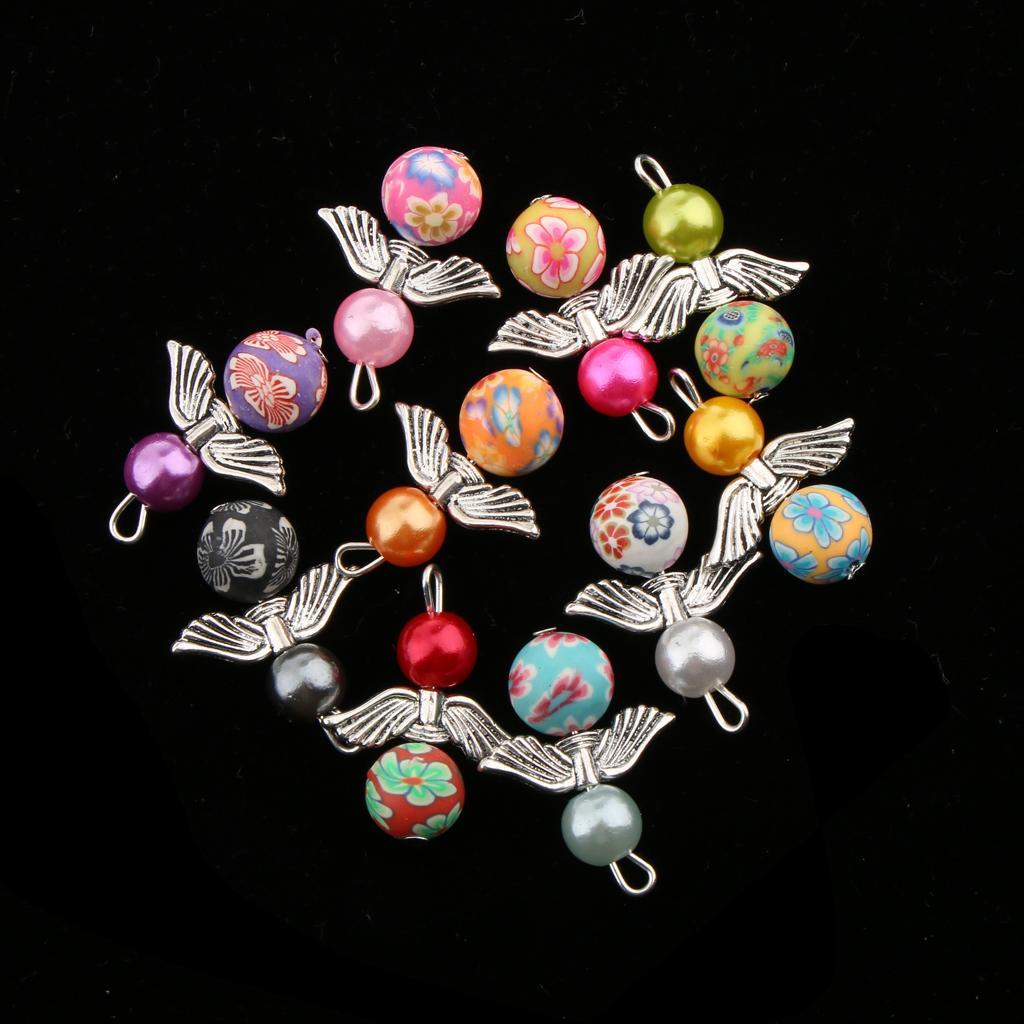20 Pieces Colored Pearl Charms Angel Wings Polymer Clay Round Bead Metal Charms For DIY Pendant Necklace Bracelet Jewelry Making Crafts