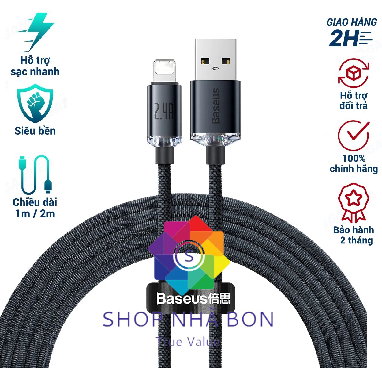 Cáp Sạc Nhanh, Truyền Dữ Liệu Tốc Độ Cao Siêu Bền Baseus Crystal Shine Series Fast Charging Data Cable Ip 2.4A - Hàng Chính Hãng - 1.2M