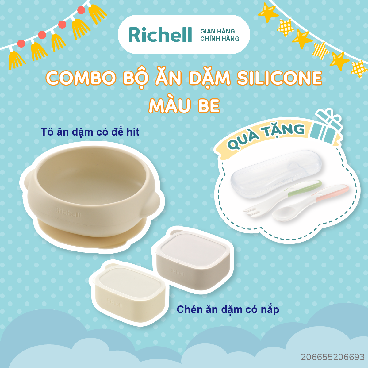 Combo Đồ dùng ăn dặm Tô có đế hít & 2 Chén ăn dặm RICHELL Nhật chất liệu Slicone Platinum | Baby