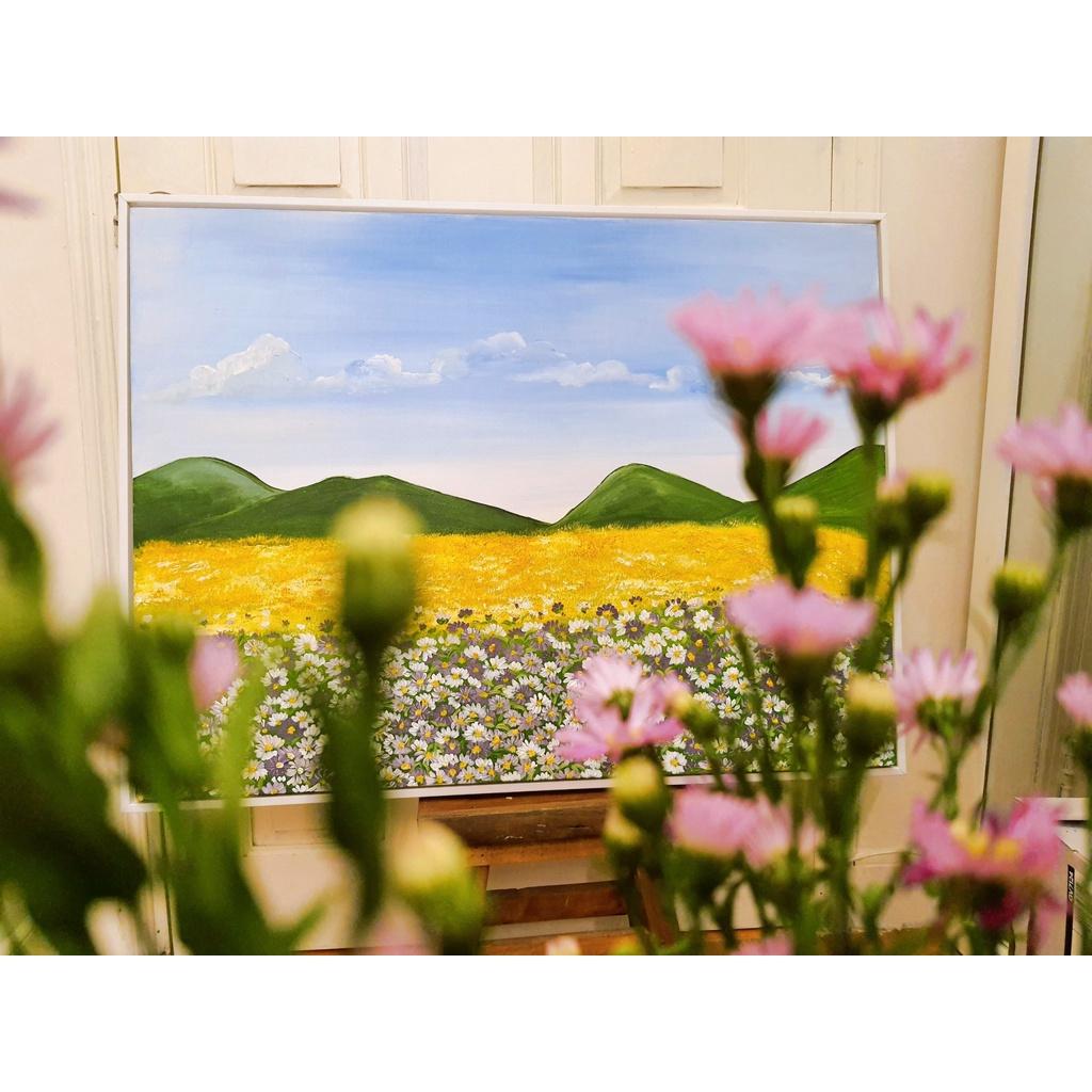 Tranh vẽ tay trang trí Cánh đồng lúa và hoa nhẹ nhàng-Tranh treo phòng khách-Nhà Liên
