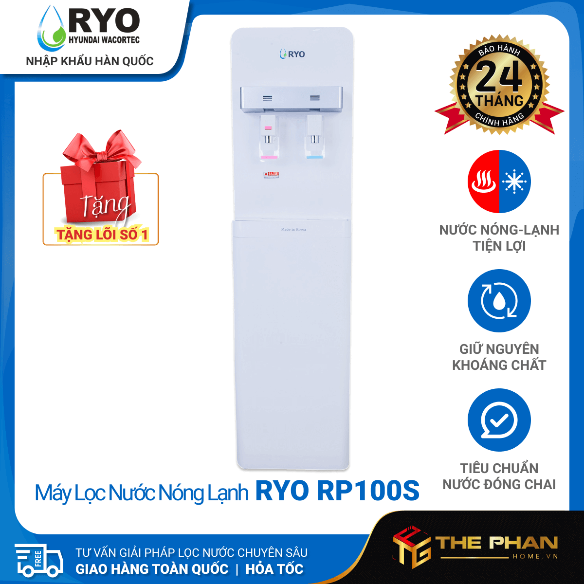 [MIỄN PHÍ LẮP ĐẶT] Máy Lọc Nước Nóng Lạnh RYO Hyundai Wacortec Hàn Quốc - RP100S, Công nghệ UF 5 Cấp lọc, Tiết kiệm điện, Giữ được khoáng chất - Hàng Chính Hãng