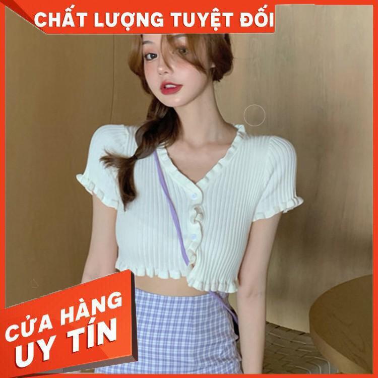 HÀNG CAO CẤP - Áo Cardigan Dệt Kim Tay Ngắn Cổ Chữ V Phối Bèo Nữ Tính - Hàng Cao Cấp