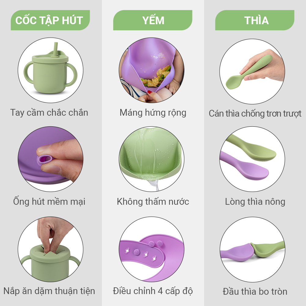 Bộ Ăn Dặm Cho Bé Thương Hiệu Mama's Choice, Combo Ăn Dặm Bát-Khay-Yếm-Thìa-Cốc Silicone Cao Cấp