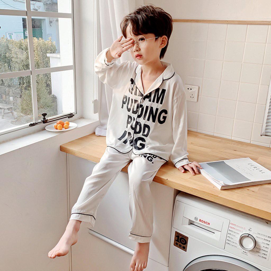 Bộ ngủ dài tay in chữ cho bé trai và bé gái , bộ pijama mặc nhà cho bé yêu từ 6-27kg