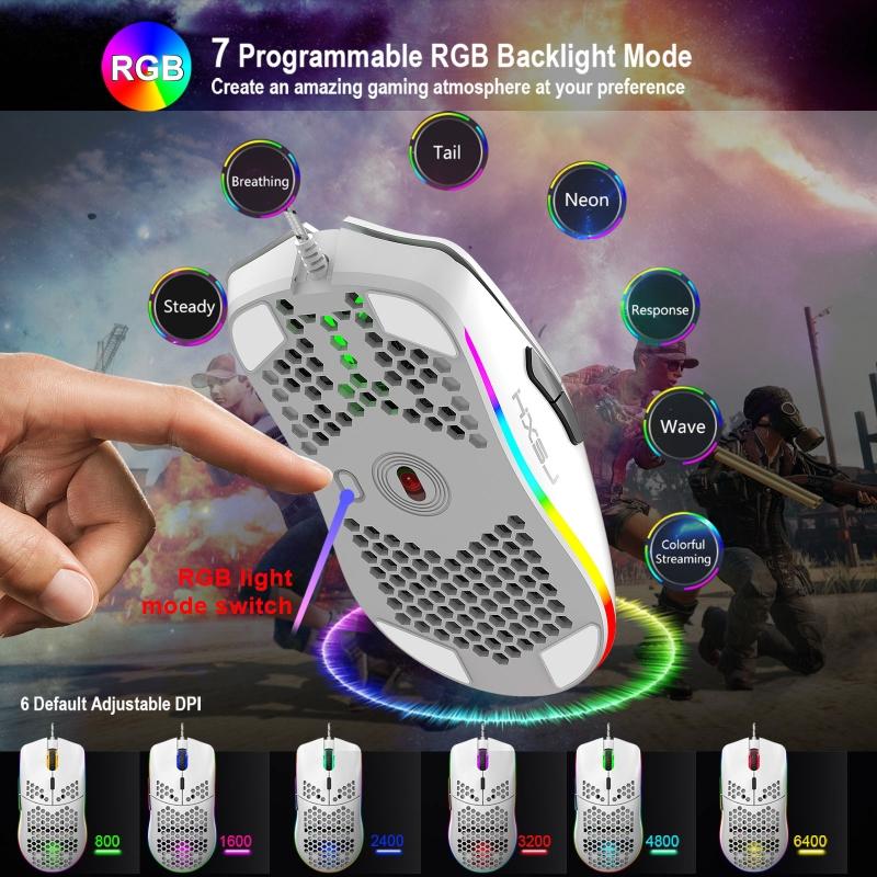 J900 6400DPI Điều Chỉnh 6 Nút Game Thủ Có Dây Cổng USB Tổ Ong Rỗng RGB Chuột Chơi Game
