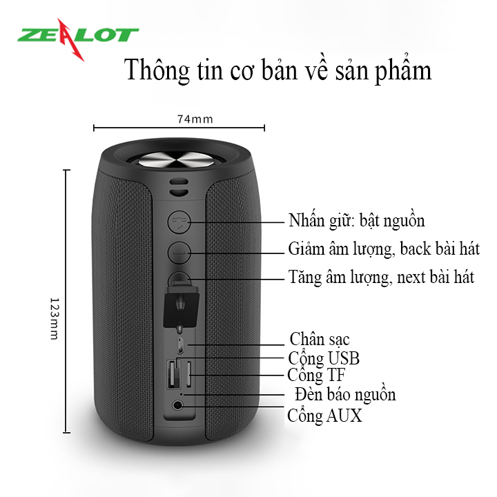 Loa bluetooth Zealot tặng kèm móc khóa chữ 5 Tech nghe nhạc không dây âm thanh siêu trầm hàng chính hãng kết nối ổn định, bluetooth 5.0 dùng cho điện thoại, laptop, PC