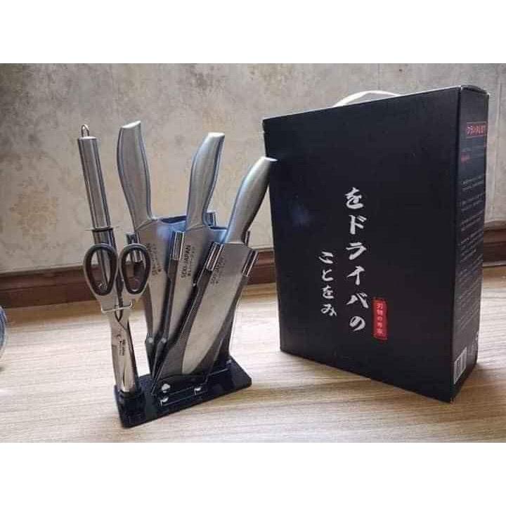 Bộ Dao Nhật INOX 6 Món Nhà Bếp Cao Cấp Thép Không Gỉ Kèm Khay Đựng