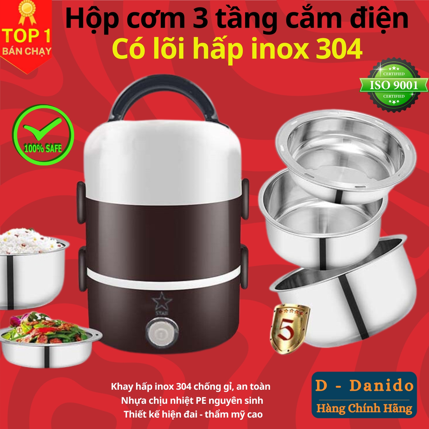 Bộ hộp cơm giữ nhiệt văn phòng cao cấp inox, Cặp lồng cơm 3 tầng cắm điện - Chính hãng D Danido