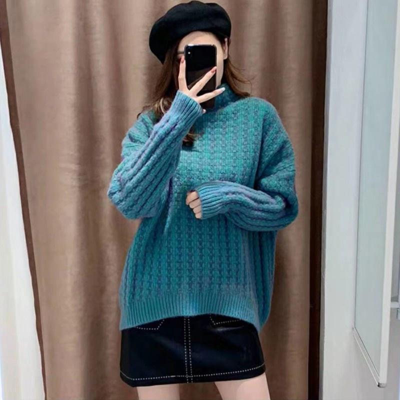 MS370 Áo len nữ cao cổ phối màu form rộng