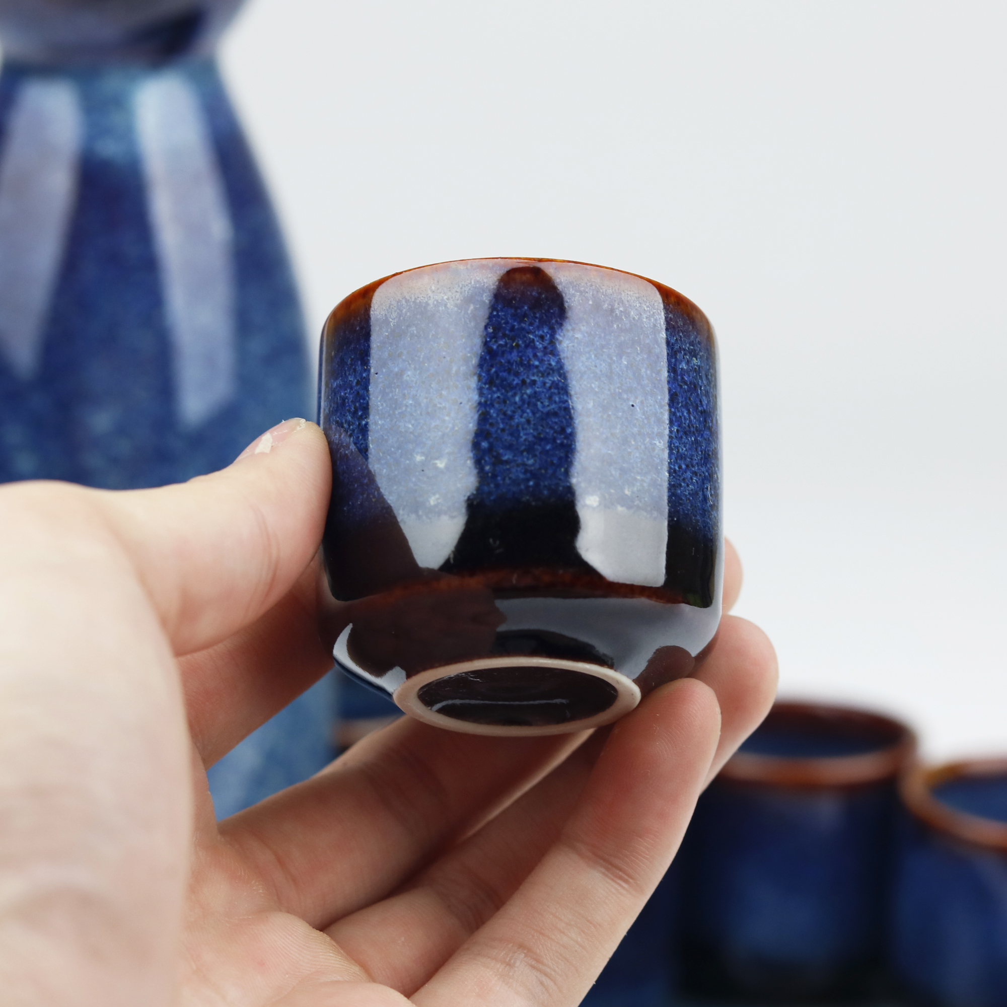 Bộ Sake gốm sứ men hỏa biến Bát Tràng cao cấp-300ml- Đĩa quạt