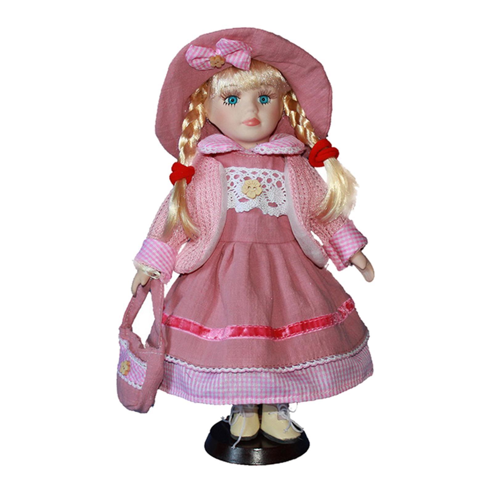 12 inch Elegant Porcelain Doll Collectible Miniatures, 2 Pieces Standing Victorian Girl Lady Doll with Stand, Hat, Shoes and Clothes