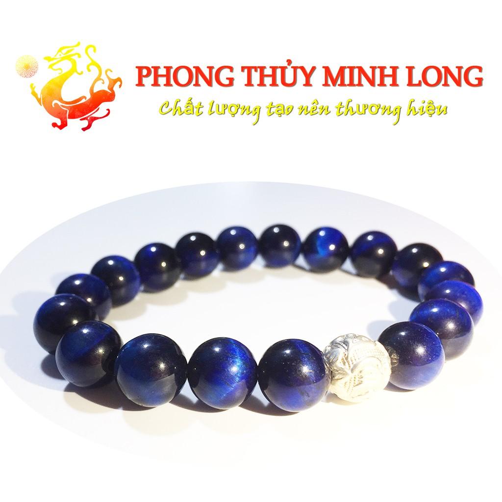 Vòng tay đá Mắt Hổ Xanh Dương chất lượng 5A mix 1 hạt kim tiền Bạc hợp mệnh thủy và Mộc